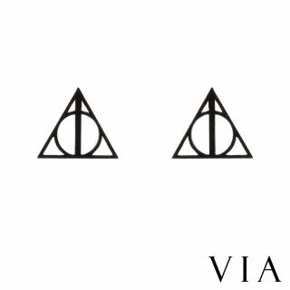 【VIA】白鋼耳釘 三角耳釘/符號系列 幾何三角圓圈圖樣鋼耳釘(黑色)