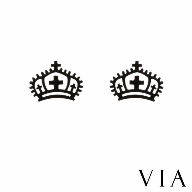 【VIA】白鋼耳釘 皇冠耳釘/時尚系列 十字架皇冠造型白鋼耳釘(黑色)