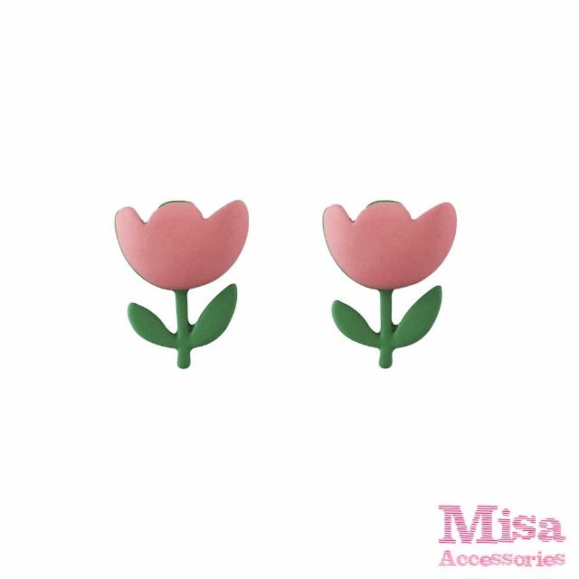 【MISA】韓國設計925銀針可愛粉色鬱金香造型耳環(925銀針耳環 粉色耳環 鬱金香耳環)