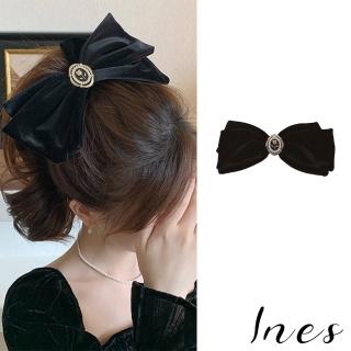 【INES】韓國設計法式優雅絨面大蝴蝶結花朵珍珠扣飾造型髮夾(蝴蝶結髮夾 花朵髮夾 珍珠髮夾)