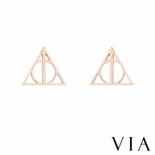 【VIA】白鋼耳釘 三角耳釘/符號系列 幾何三角圓圈圖樣鋼耳釘(玫瑰金色)