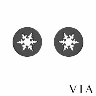 【VIA】白鋼耳釘 雪花耳釘/節日系列 圓形縷空雪花造型白鋼耳釘(黑色)