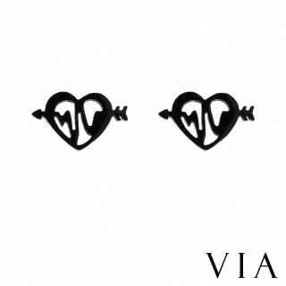 【VIA】白鋼耳釘 愛心耳釘/符號系列 一箭穿心心跳電波愛心造型白鋼耳釘(黑色)