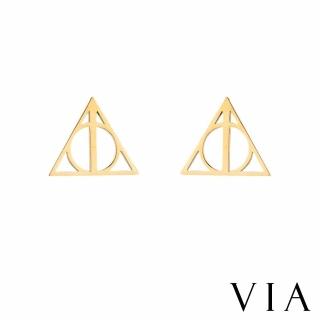 【VIA】白鋼耳釘 三角耳釘/符號系列 幾何三角圓圈圖樣鋼耳釘(金色)