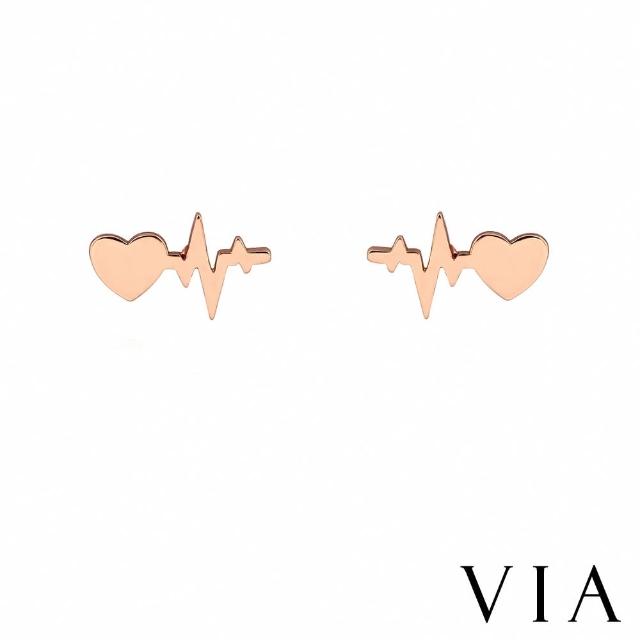 【VIA】白鋼耳釘 愛心耳釘/符號系列 愛心心跳電波造型白鋼耳釘(玫瑰金色)
