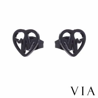 【VIA】白鋼耳釘 愛心耳釘/符號系列 心動電波縷空愛心框造型白鋼耳釘(黑色)