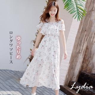 【Lydia】現貨 露肩性感修身印花雪紡連身洋裝(白 F)