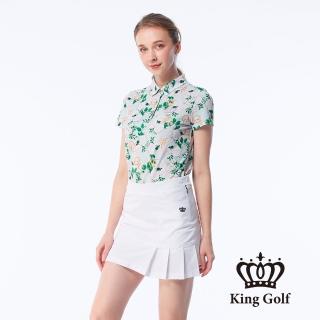 【KING GOLF】實體同步款-女款燙鑽白玫瑰印花短袖POLO衫/高爾夫球衫(綠色)