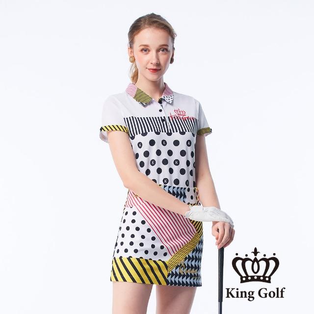 【KING GOLF】實體同步款-女款條紋圓圈印花LOGO印圖涼感短袖POLO衫/高爾夫球衫(白色)