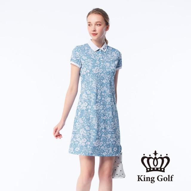 【KING GOLF】實體同步款-女款小碎花印花LOGO刺繡涼感收腰短袖連身裙/高爾夫球裙(藍色)