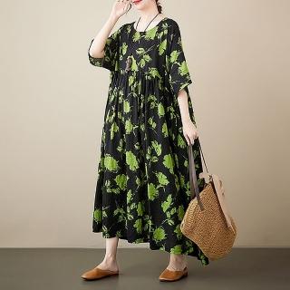 【米蘭精品】洋裝短袖連身裙(神秘感翠葉滿版女裙子74dy35)