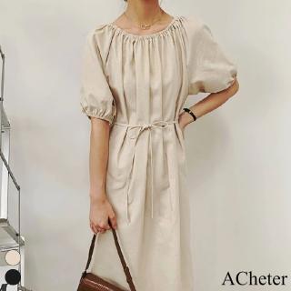 【ACheter】韓版chic氣質純色一字肩寬鬆系帶棉麻泡泡五分袖長版連身裙洋裝#116536(2色)