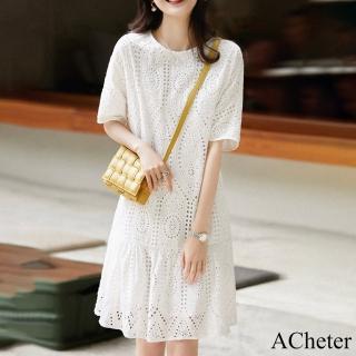 【ACheter】白色圓領蕾絲柔棉鏤空繡花拼接褶裙短袖連身裙中長版洋裝#116840(白色)