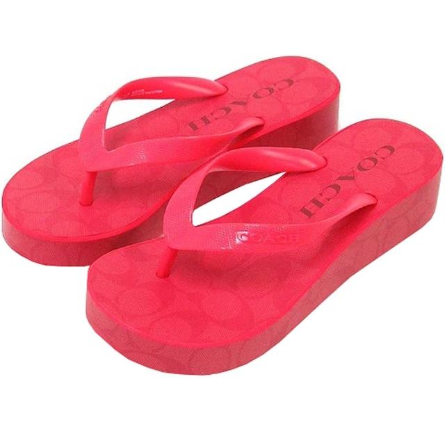 【COACH】紅色滿版LOGO厚底橡膠夾腳涼拖鞋