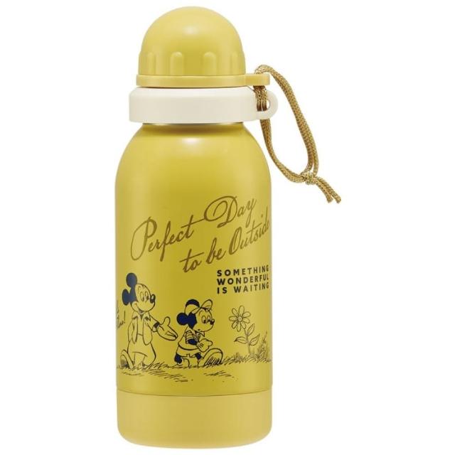 【小禮堂】Disney 迪士尼 米奇 不鏽鋼轉蓋常溫直飲水壺 580ml - 黃踏青款(平輸品)