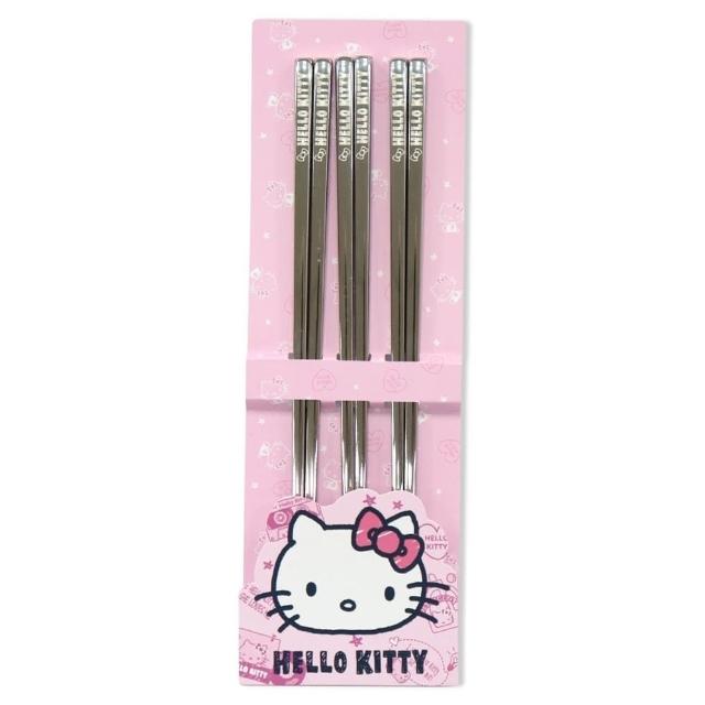 【小禮堂】HELLO KITTY  不鏽鋼方形筷子3入組 23cm - 銀文字款(平輸品) 凱蒂貓