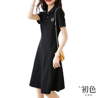 【初色】清涼感簡約襯衫領山茶花圖樣休閒運動風T恤連衣裙洋裝-黑色-67570(M-2XL可選)