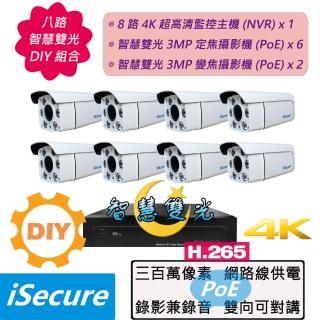 【iSecure】八路智慧雙光 DIY 監視器組合:一部八路 4K 超高清監控主機+八部智慧雙光 3MP 子彈型攝影機