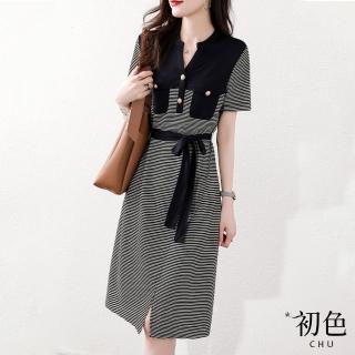 【初色】清涼感韓版氣質百搭連衣裙洋裝-黑白條-67565(M-2XL可選)
