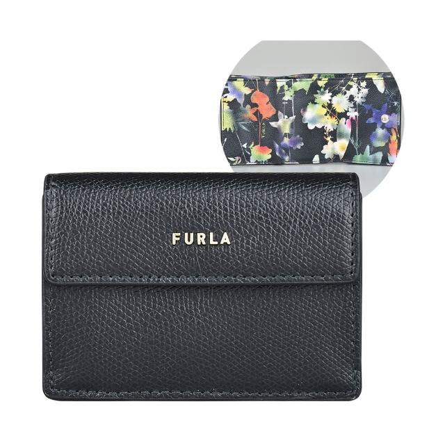 【FURLA 芙拉】FURLA BABYLON金字LOGO牛皮搭配花卉設計內裡3卡扣式短夾(小/黑x多色)