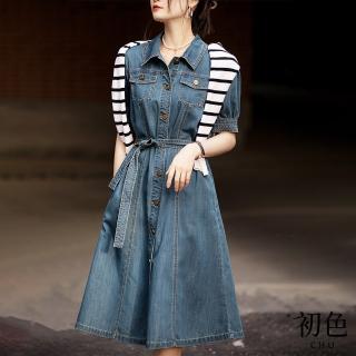 【初色】清涼感排扣繫帶牛仔襯衫連衣裙洋裝-藍色-67578(M-XL可選)