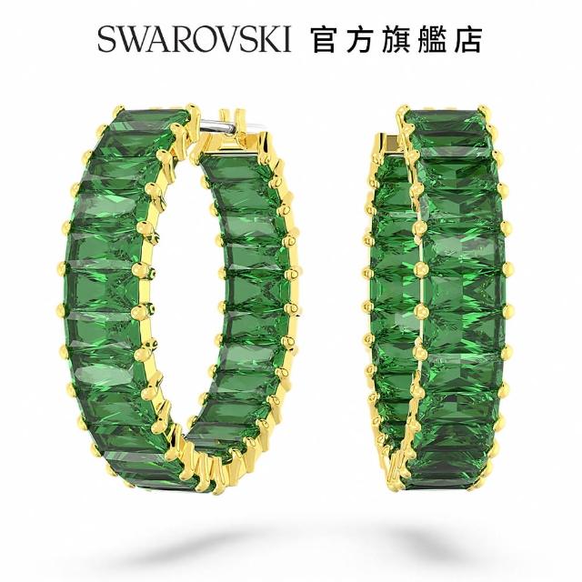 【SWAROVSKI 官方直營】Matrix 大圈耳環 長方形切割  綠色  鍍金色色調 交換禮物