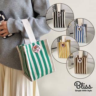 【Bliss BKK】清新直條棉麻手提袋 手機包 手提包 小廢包 便當袋 隨身包(5色可選)