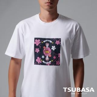 【TSUBASA洒落運動衣】YAMATO聯名款 白色T-Shirt 圖案藝伎與桌球拍粉(圓領T恤 白T恤 寬鬆休閒 短袖T恤)