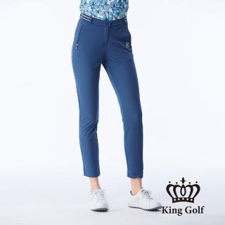 【KING GOLF】實體同步款-女款立體刺繡織帶拼接舒適素面修身休閒長褲/高爾夫球褲(藍色)