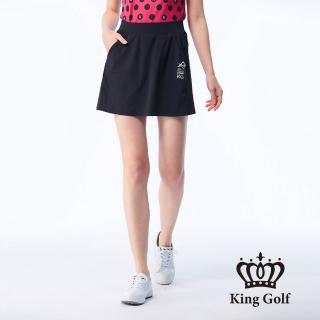 【KING GOLF】網路獨賣款-女款LOGO印圖鬆緊帶修身A LINE短裙/高爾夫球裙(黑色)