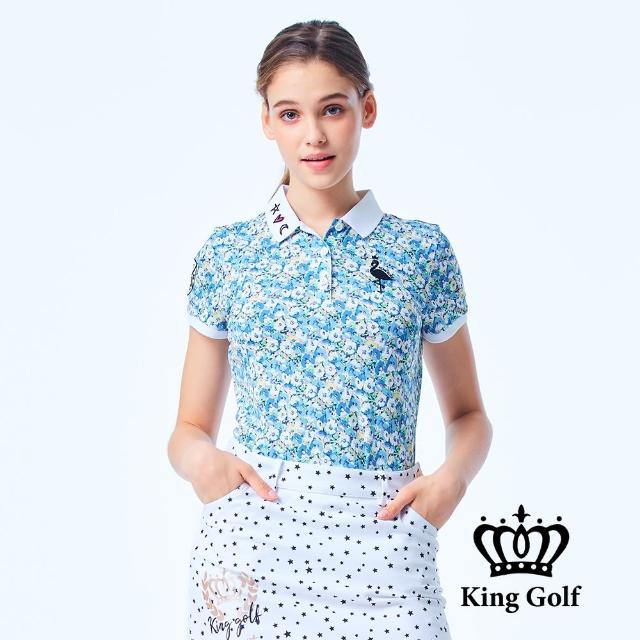 【KING GOLF】速達-網路獨賣款-女款花卉印花火鶴刺繡造型POLO衫/高爾夫球衫(藍色)