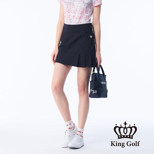 【KING GOLF】實體同步款-女款立體刺繡素面修身荷葉A LINE短裙/高爾夫球裙(丈青)