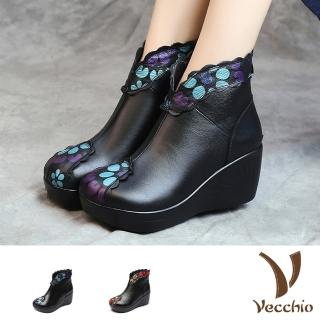 【Vecchio】真皮短靴 坡跟短靴/真皮繽紛彩色圓點印花復古坡跟花邊靴口短靴(2色任選)