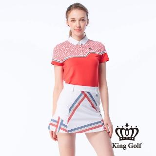 【KING GOLF】網路獨賣款-女款幾何印花線條撞色涼感短袖POLO衫/高爾夫球衫(紅色)