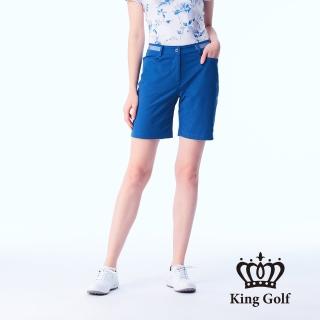 【KING GOLF】實體同步款-女款立體刺繡織帶拼接素面舒適修身休閒短褲/高爾夫球褲(藍色)