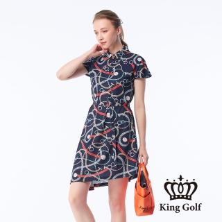 【KING GOLF】實體同步款-女款鎖鏈印花涼感收腰短袖連身裙/高爾夫球洋裝(丈青)