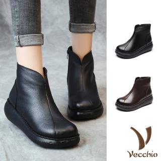 【Vecchio】真皮短靴 厚底短靴 寬楦短靴/真皮經典寬楦折線復古厚底短靴(2色任選)