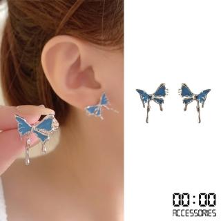 【00:00】韓國設計S925銀針不規則金屬藍色滴釉蝴蝶造型耳環(S925銀針耳環 不規則耳環 蝴蝶耳環)