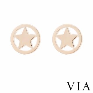 【VIA】白鋼耳釘 縷空耳釘/符號系列 縷空圓環五角星星造型白鋼耳釘(金色)