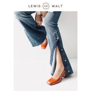 【Lewis Walt】羊漆皮淺口通勤方頭粗跟高跟7CM單鞋女