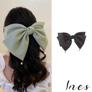【INES】蝴蝶結髮夾 珍珠髮夾/韓國設計法式質感布紋大蝴蝶結珍珠墜髮夾 馬尾夾(3色任選)