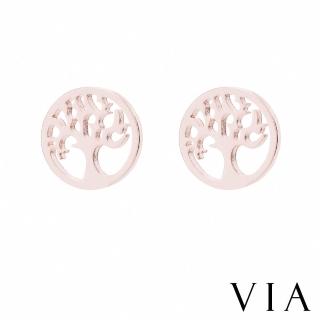 【VIA】白鋼耳釘 縷空耳釘/植物系列 縷空圓環生命樹造型白鋼耳釘(玫瑰金色)