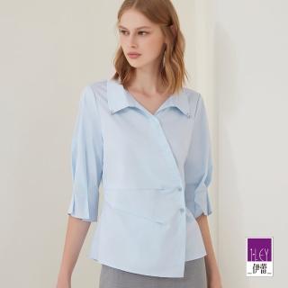 【ILEY 伊蕾】設計感斜切剪裁抓摺袖襯衫棉質上衣(淺藍色；M-XL；1231071530)
