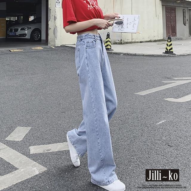 【JILLI-KO】INS潮寬鬆高腰顯瘦闊腿牛仔直筒褲-M/L/XL(淺藍)