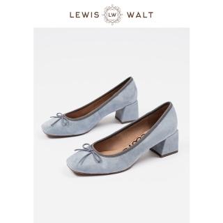 【Lewis Walt】通勤純色大碼方頭淺口磨砂羊皮粗高跟鞋套腳單鞋女5CM