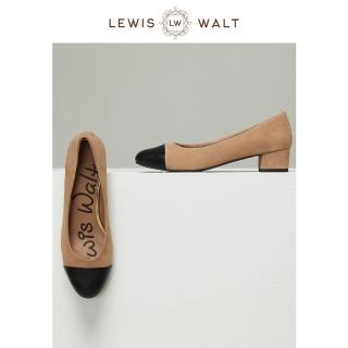 【Lewis Walt】通勤百搭圓頭淺口羊皮拼接撞色粗跟低跟上班工作單鞋女