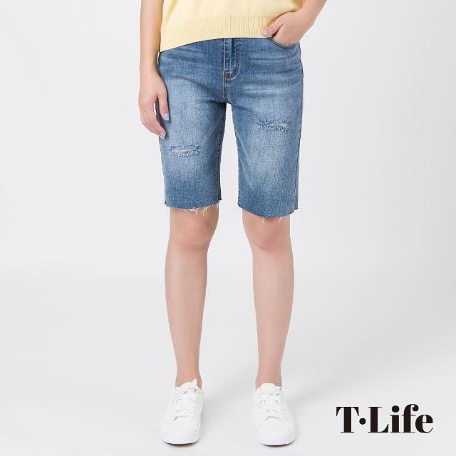 【T.Life】休閒率性刷破合身五分牛仔褲(1色)