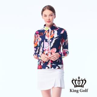 【KING GOLF】實體同步款-女款彩繪花朵滿版印圖舒適防曬修身立領夾克/高爾夫球外套(深藍)