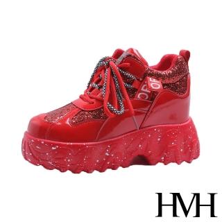 【HMH】潮流復古金蔥亮皮織帶拼接厚底內增高時尚休閒鞋(紅)