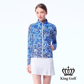 【KING GOLF】實體同步款-女款夏日藍花滿版印圖舒適防曬修身立領夾克/高爾夫球外套(藍色)